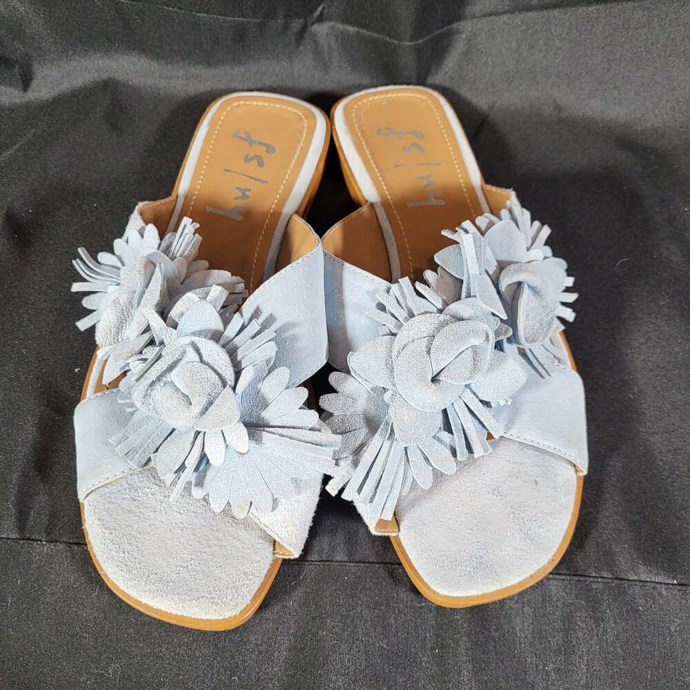 FS/NY Light Blue Suede Flower Fringe Slide Sandals Size 7.5